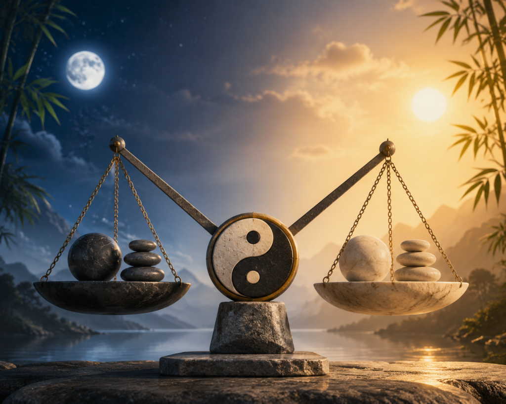 yin yang balance scales concept representing harmony between light and dark energy day and night balance philosophy