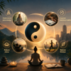 yin yang meditation and modern lifestyle balance concept with energy harmony decision making and stress relief visualization