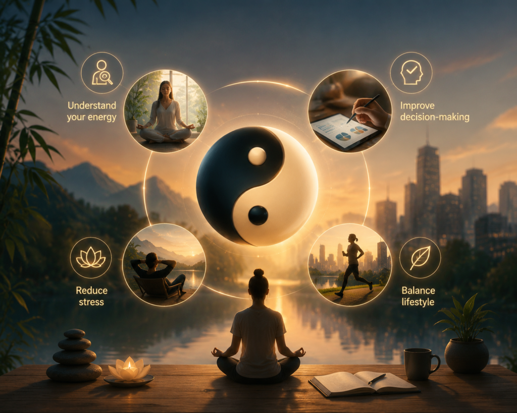 yin yang meditation and modern lifestyle balance concept with energy harmony decision making and stress relief visualization