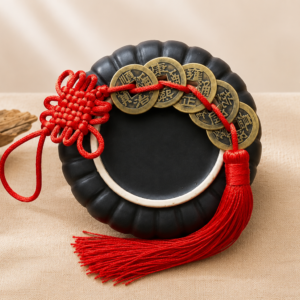 Handcrafted Five Emperor Coins Feng Shui hanging ornament with antique brass coins, traditional red knot, and tassels for home décor.