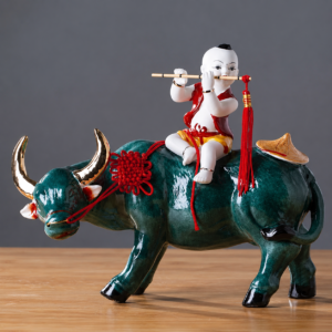 Handcrafted Boy Riding Ox statue symbolizing prosperity, success, abundance, and peaceful home décor
