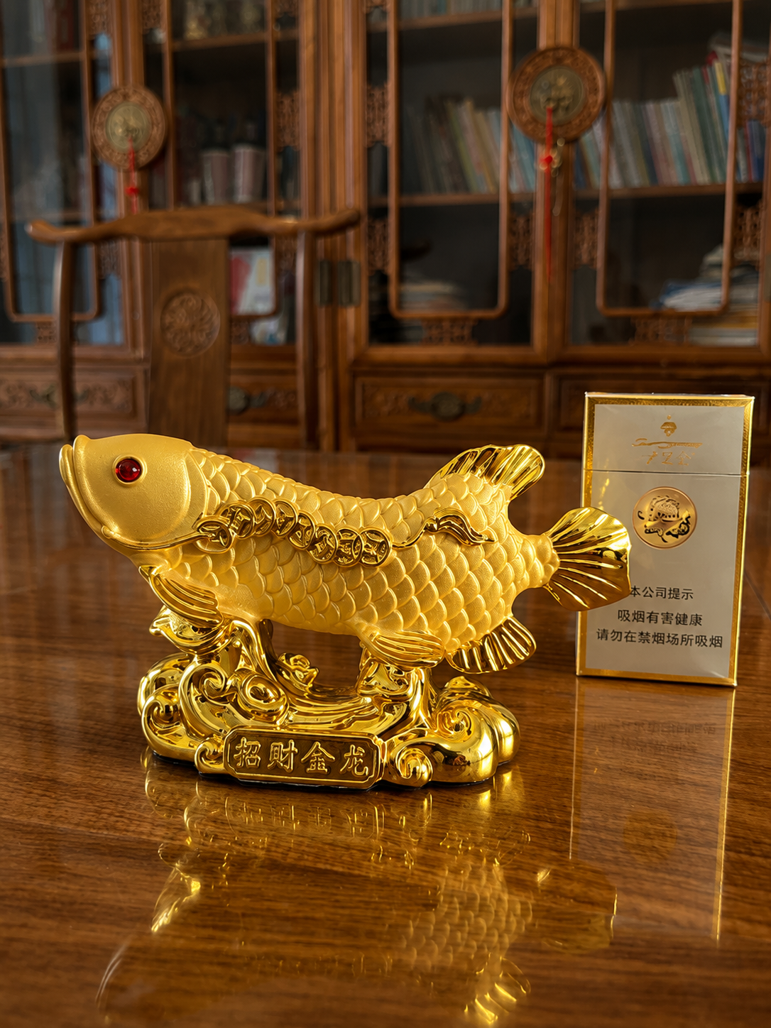 Golden Arowana Statue Handcrafted Golden Arowana Feng Shui statue symbolizing wealth, business success, team harmony, and prosperity