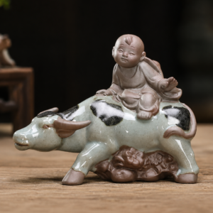 Handcrafted Boy Riding Ox statue symbolizing peace, prosperity, diligence, and harmonious living