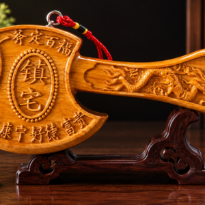 Handcrafted Peach Wood Feng Shui Axe symbolizing home protection, positive energy, and traditional Eastern blessings