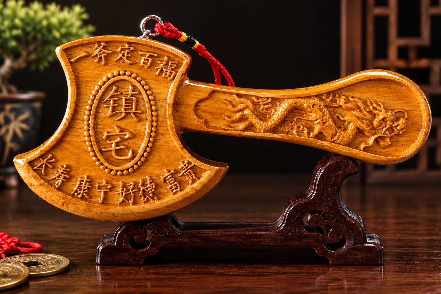 Handcrafted Peach Wood Feng Shui Axe symbolizing home protection, positive energy, and traditional Eastern blessings