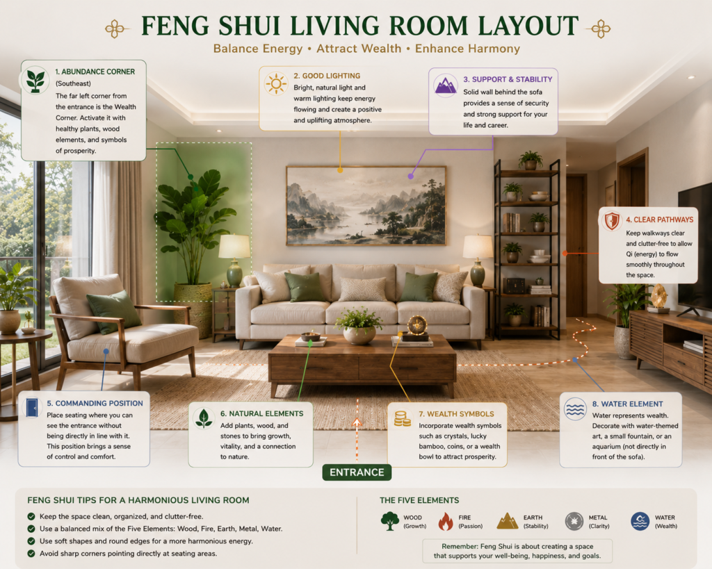 Illustrated Feng Shui living room layout showing wealth corner placement, commanding position, natural lighting, five elements, and energy flow for a harmonious home.