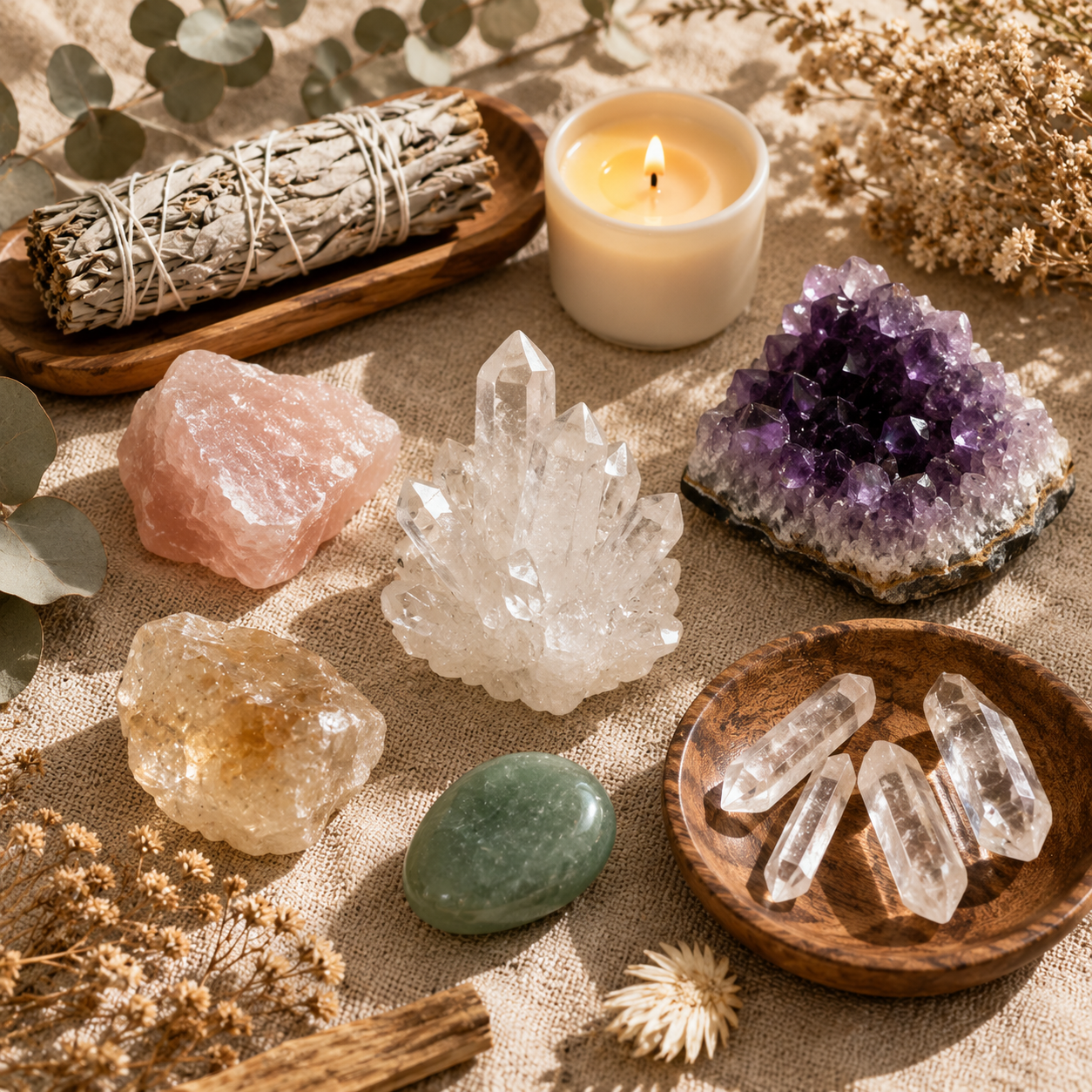 Natural healing crystals including amethyst, clear quartz, rose quartz, citrine, and green aventurine arranged with a candle and sage on a linen cloth.
