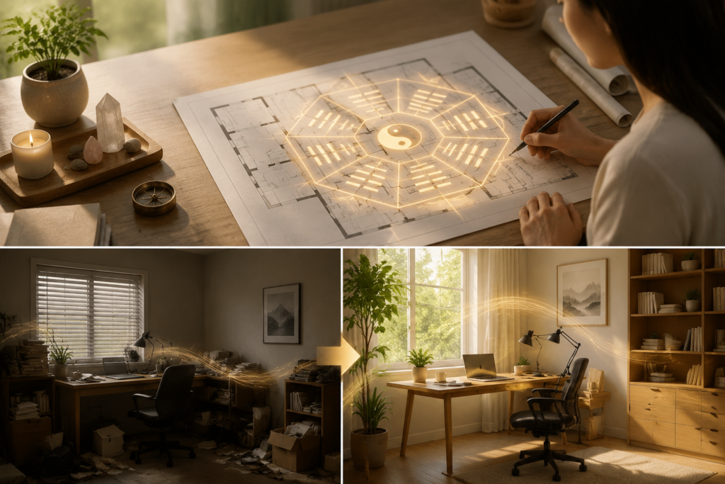 feng shui bagua map application floor plan energy flow transformation home office before after workspace improvement diagram