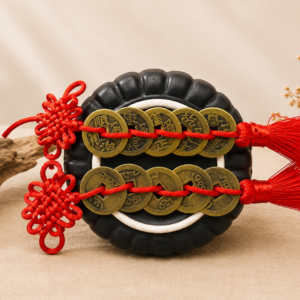 Handcrafted Five Emperor Coins Feng Shui hanging ornament with antique brass coins, traditional red knot, and tassels for home décor.