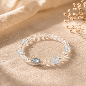 Elegant Moonstone and Clear Quartz crystal bracelet displayed on soft beige linen fabric with warm natural sunlight, symbolizing emotional healing, inner peace, intuition, and positive energy.