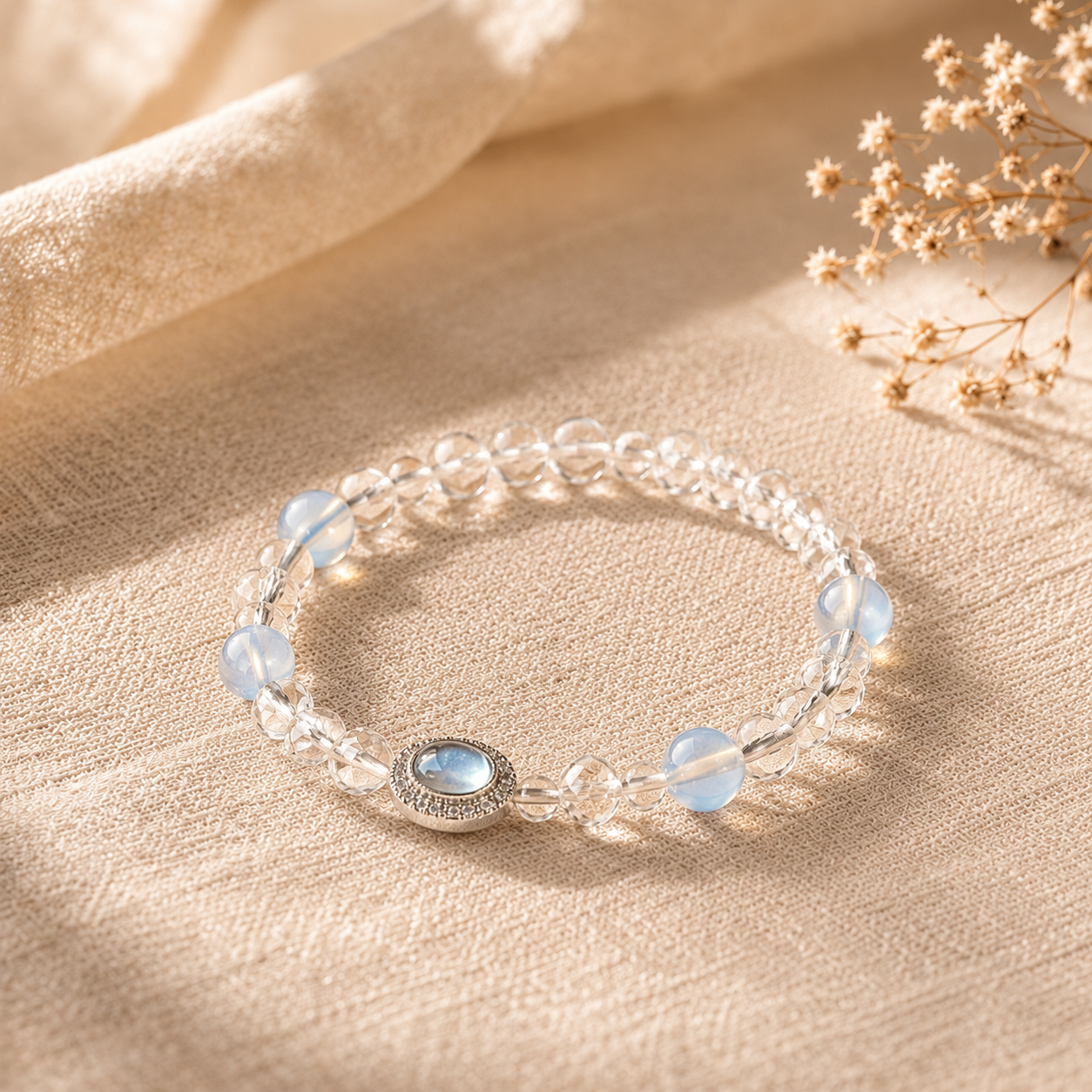 Moonstone & Clear Quartz Bracelet for Love, Peace and Emotional Healing Elegant Moonstone and Clear Quartz crystal bracelet displayed on soft beige linen fabric with warm natural sunlight, symbolizing emotional healing, inner peace, intuition, and positive energy.