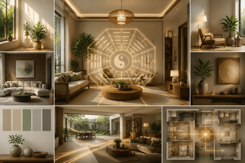 modern feng shui interior design bagua map energy flow home architecture layout balanced living space visualization