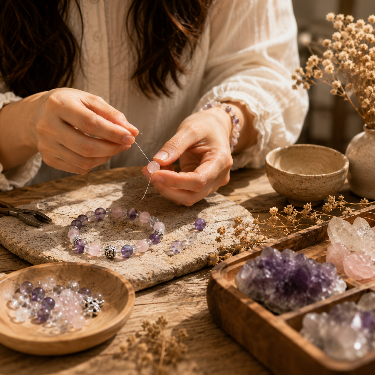 Artisan handcrafting a natural crystal bracelet with genuine healing gemstones in a warm studio.