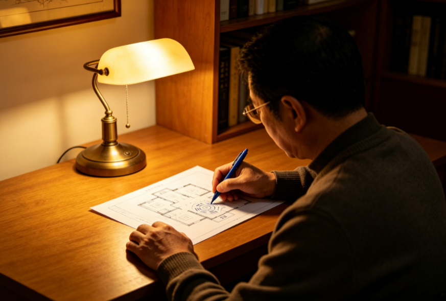 feng shui expert drawing bagua map on floor plan with pen analyzing home energy layout and spatial balance concept
