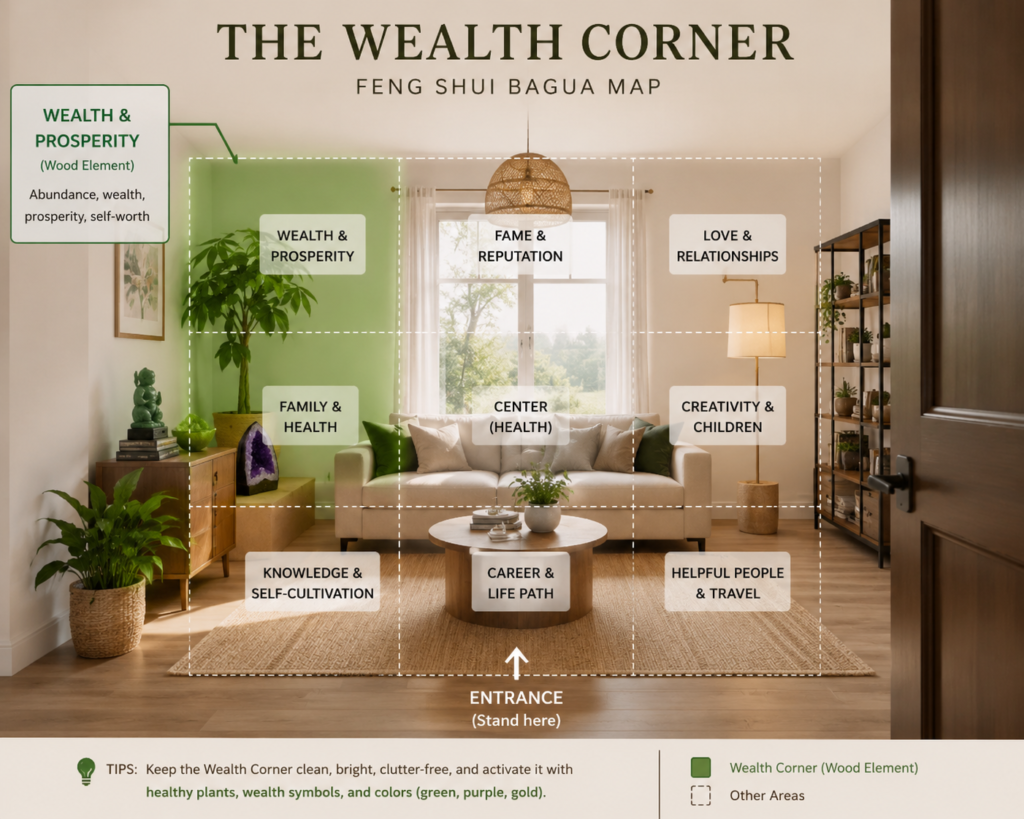 Feng Shui wealth corner layout using the Bagua map in a modern living room, showing the wealth and prosperity area with plants, crystals, and recommended Feng Shui placement.