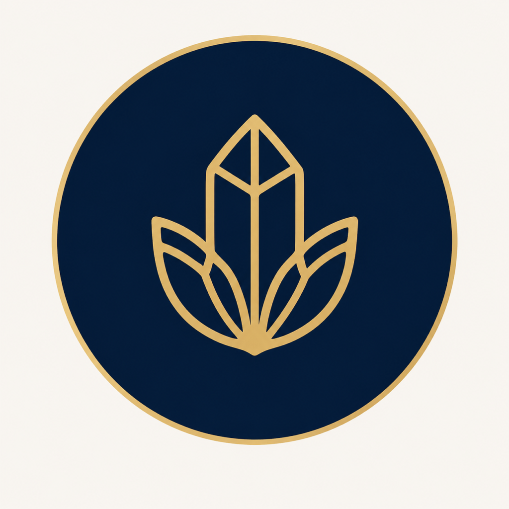 Gold lotus crystal line art logo inside navy blue circle spiritual wellness symbol
