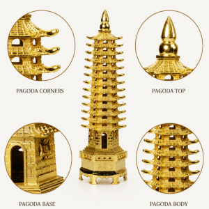 Handcrafted brass Wen Chang Pagoda Feng Shui ornament with thirteen-tier traditional Chinese pagoda design for study, office, and home décor.