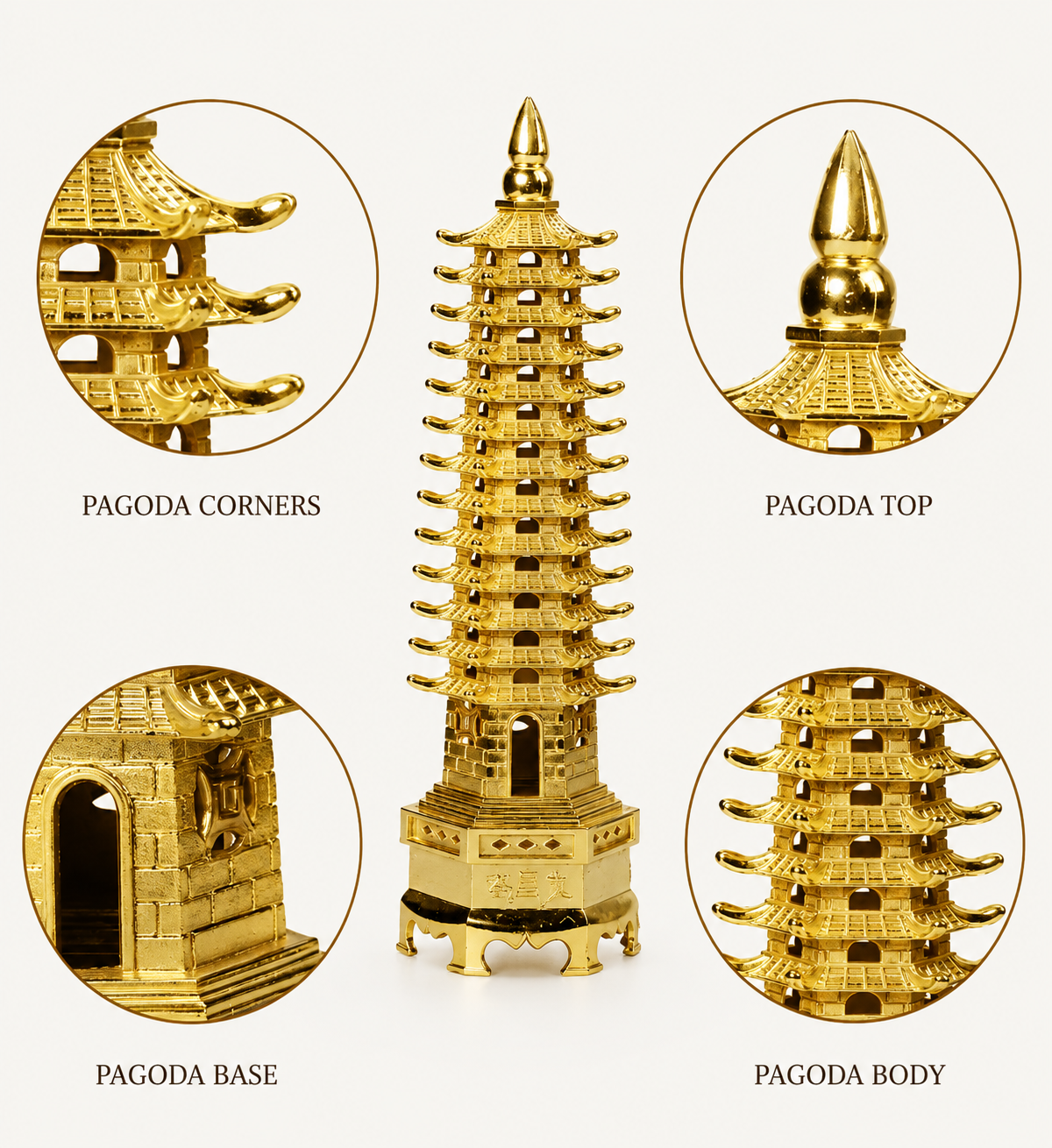 Wen Chang Pagoda Handcrafted brass Wen Chang Pagoda Feng Shui ornament with thirteen-tier traditional Chinese pagoda design for study, office, and home décor.
