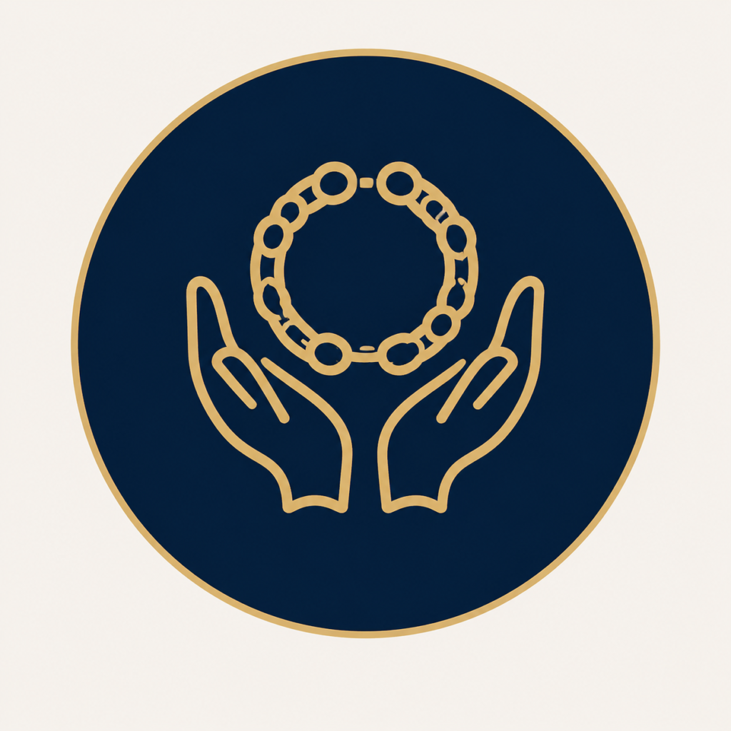 Gold line art hands holding energy ring spiritual crystal logo on navy circle background