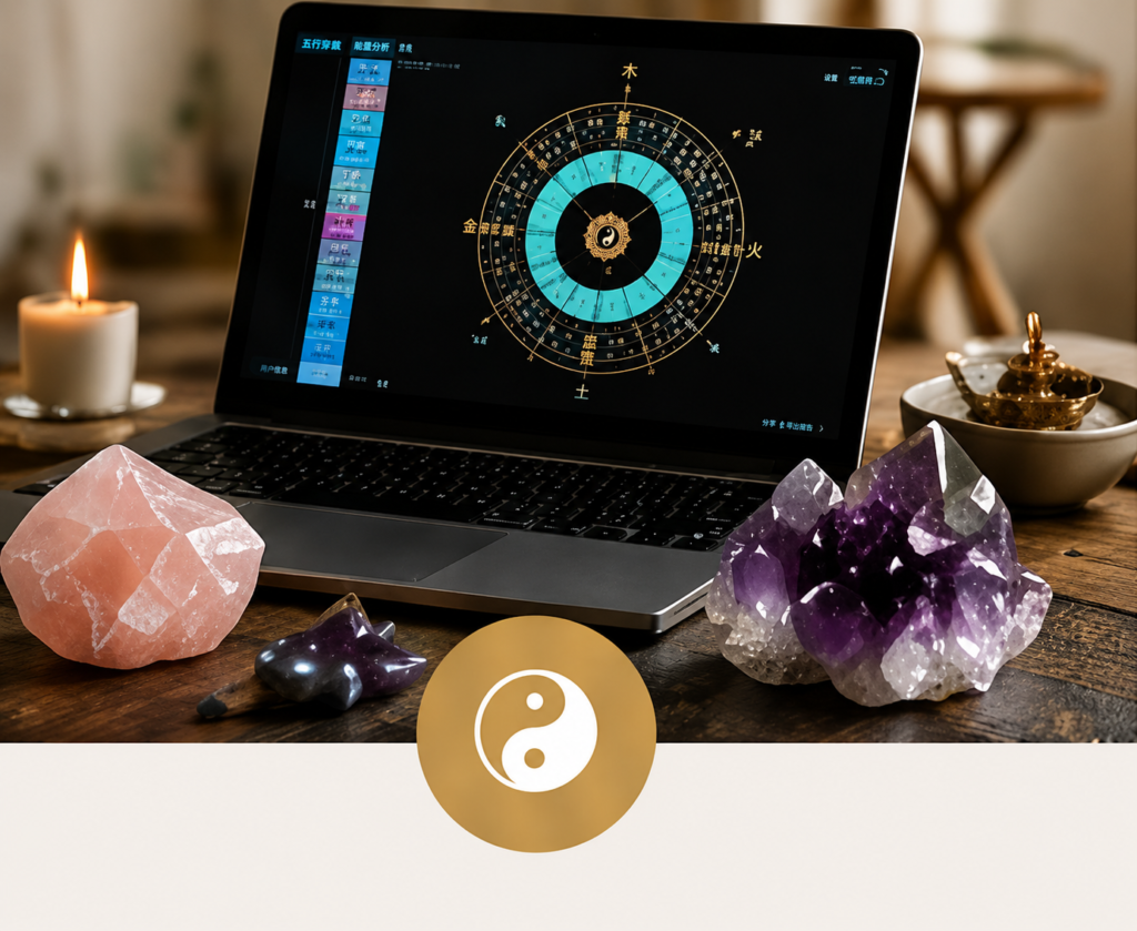 AI Feng Shui analysis with natural healing crystals and I Ching guidance for personalized energy alignment.