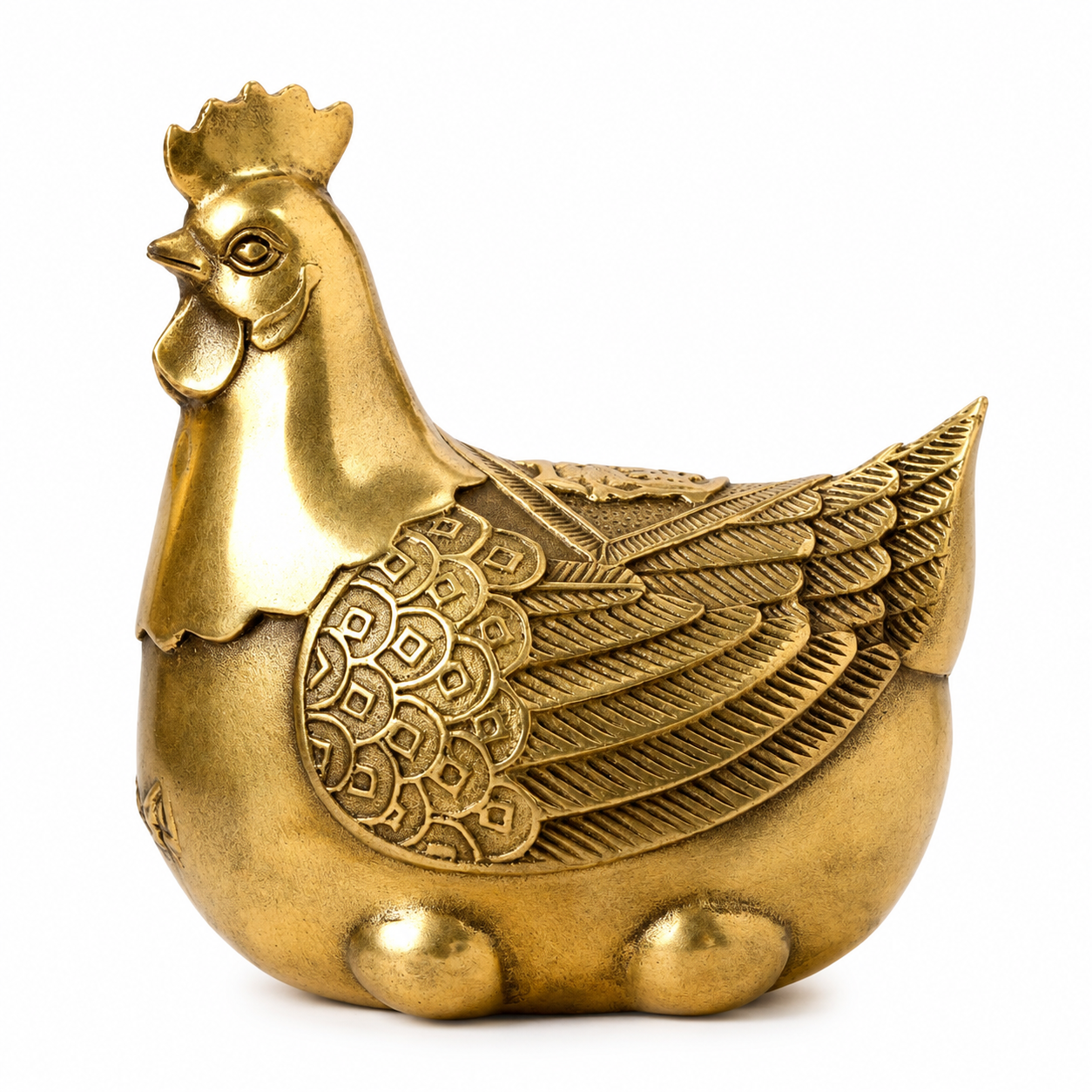 Brass Feng Shui Hen Handcrafted brass Feng Shui hen ornament with intricate feather engravings and antique gold finish for home and office décor.