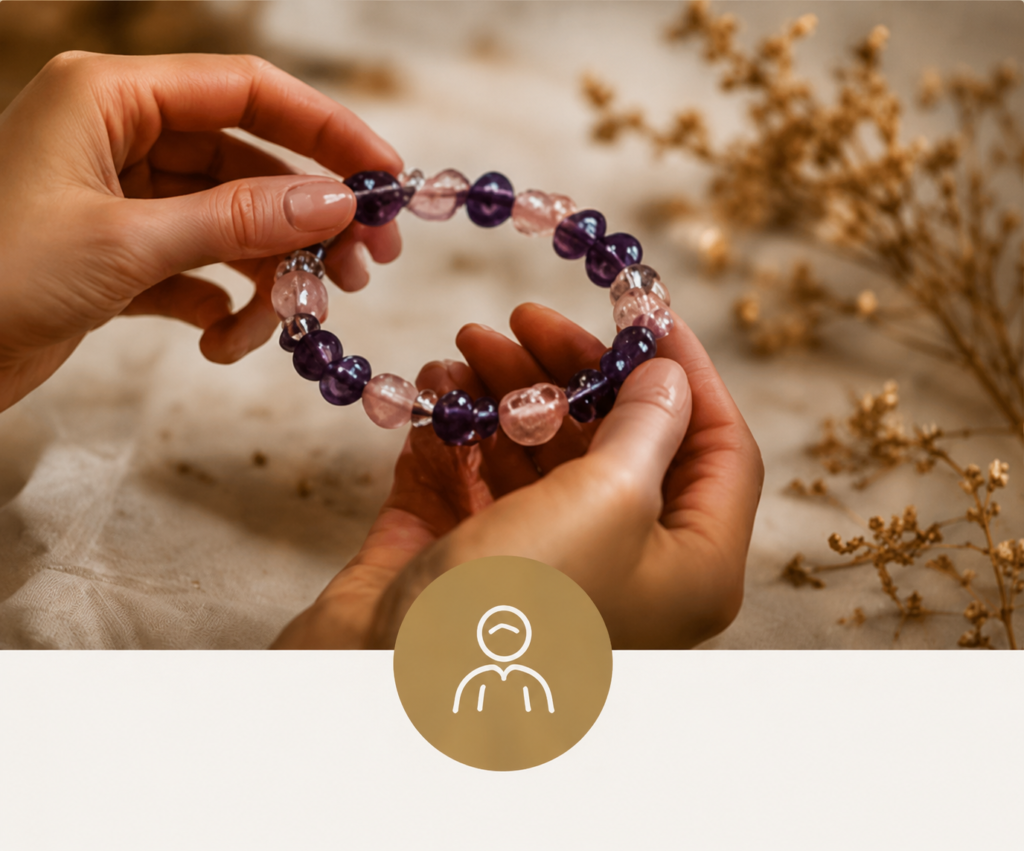 Personalized crystal bracelet selection with natural gemstones for five-element energy alignment and Taoist crystal guidance.