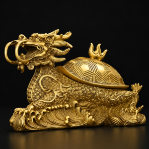Handcrafted brass Dragon Turtle Feng Shui ornament with intricate carvings, antique gold finish, and traditional Chinese craftsmanship for home and office décor.