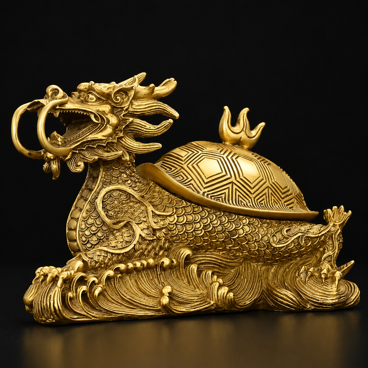 Brass Dragon Turtle Handcrafted brass Dragon Turtle Feng Shui ornament with intricate carvings, antique gold finish, and traditional Chinese craftsmanship for home and office décor.