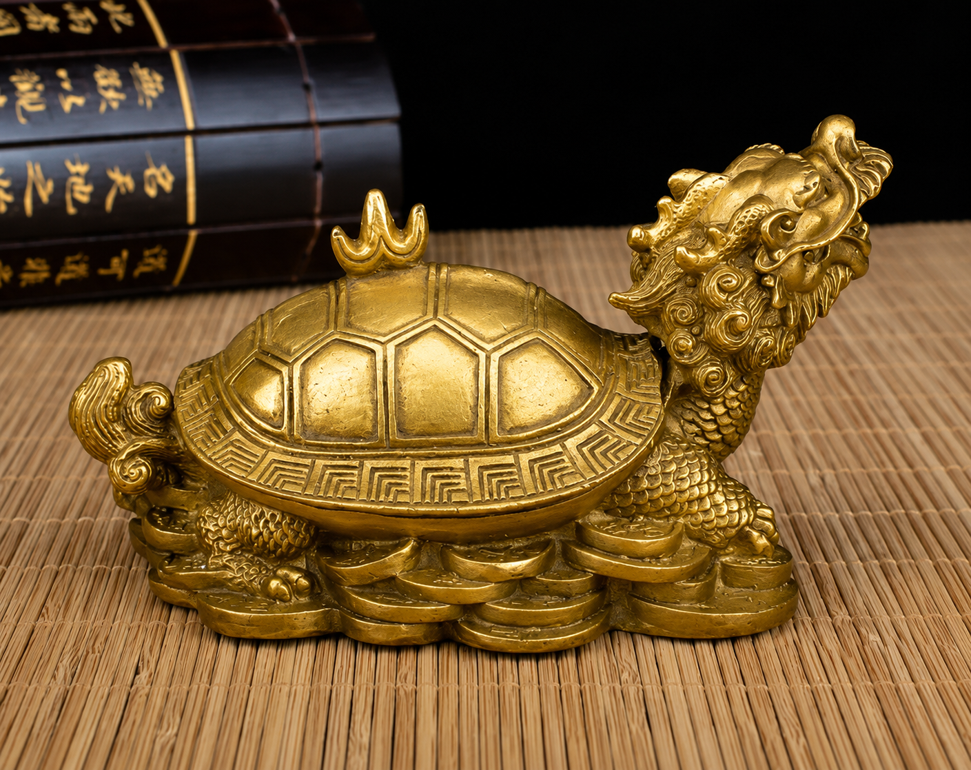 Brass Dragon Turtle Handcrafted brass Dragon Turtle Feng Shui ornament with intricate carvings, antique gold finish, and traditional Chinese craftsmanship for home and office décor.