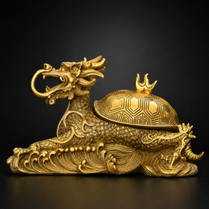 Handcrafted brass Dragon Turtle Feng Shui ornament with intricate carvings, antique gold finish, and traditional Chinese craftsmanship for home and office décor.