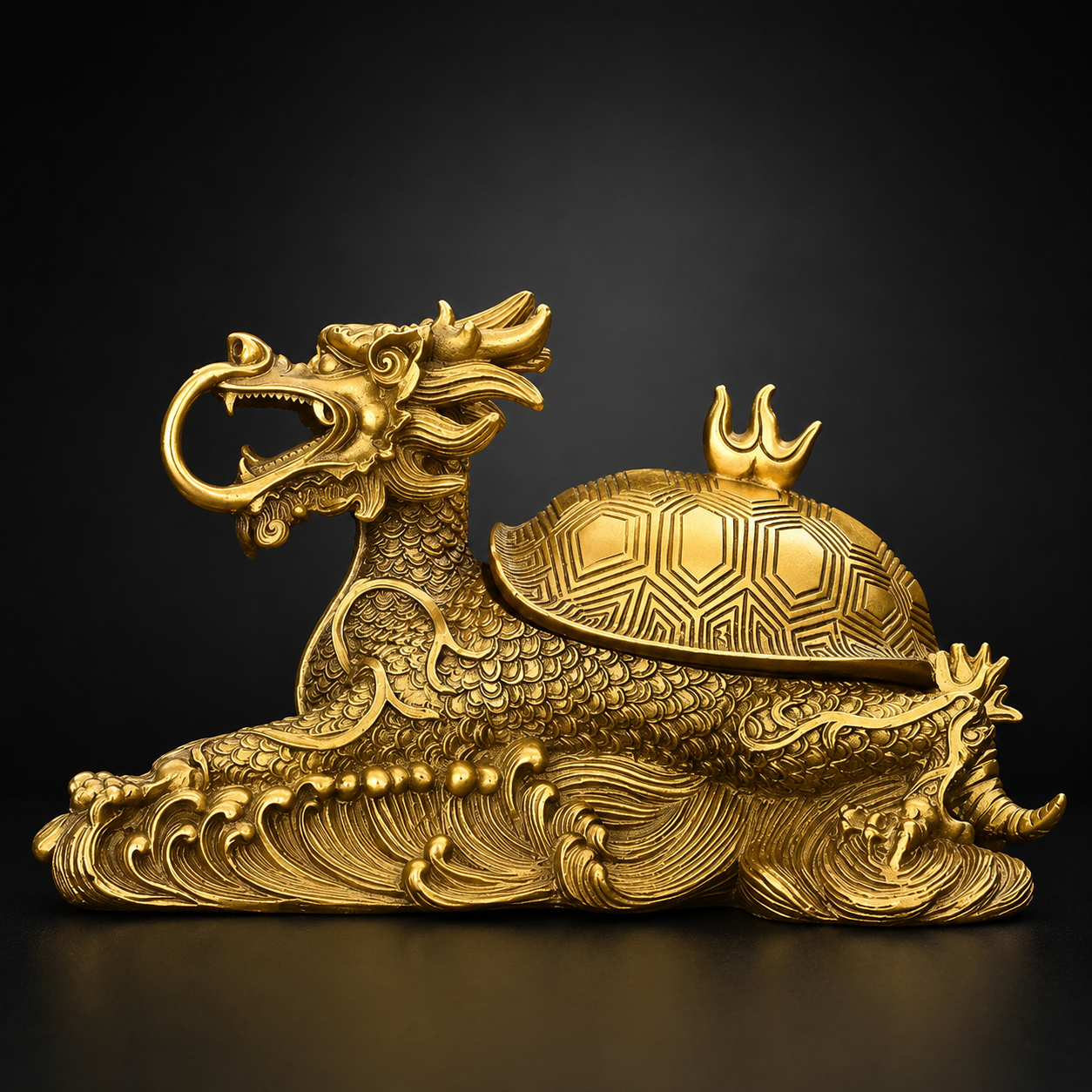 Brass Dragon Turtle Handcrafted brass Dragon Turtle Feng Shui ornament with intricate carvings, antique gold finish, and traditional Chinese craftsmanship for home and office décor.