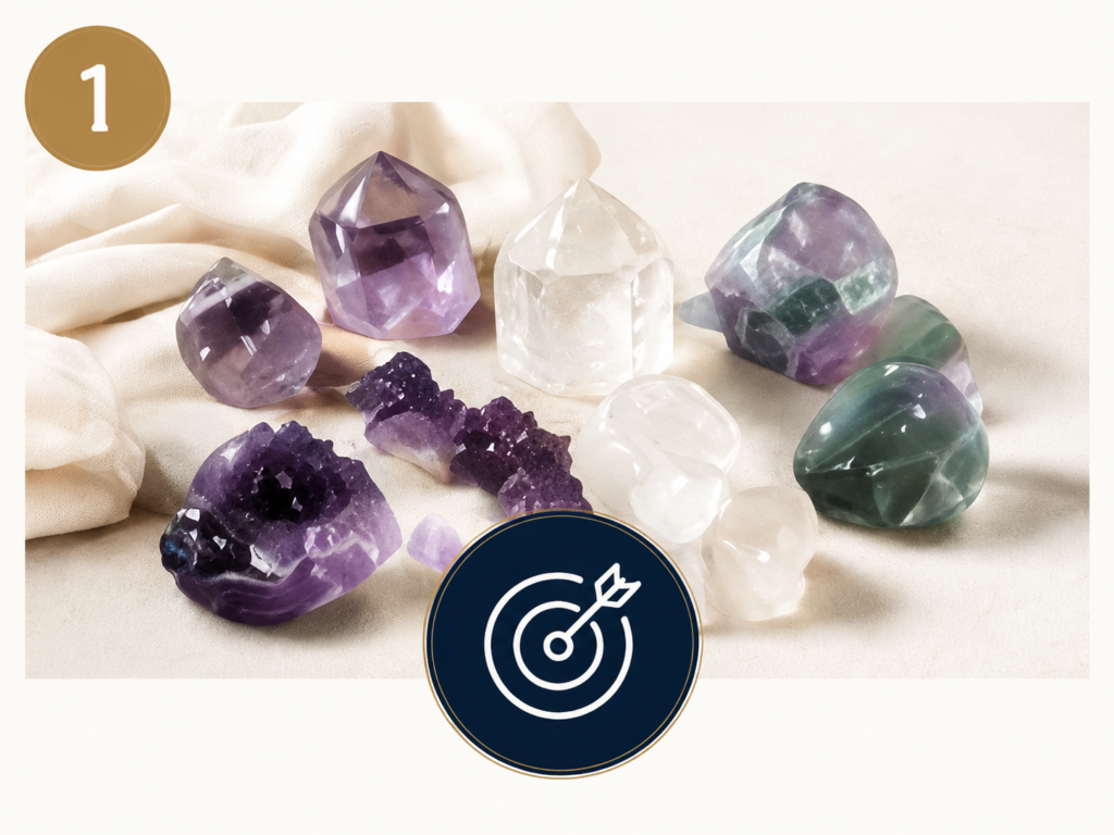 Assorted natural healing crystals including amethyst, quartz, and green fluorite arranged on soft fabric background