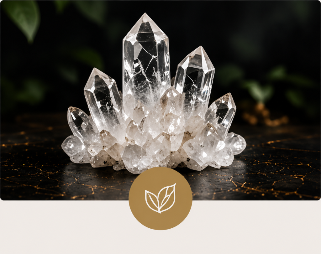 Raw natural clear quartz crystal cluster used for energy cleansing, aura balancing, crystal healing, and Taoist spiritual guidance.