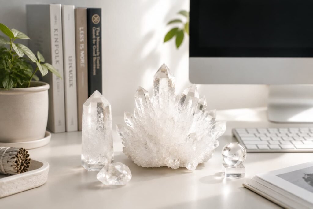 Clear quartz placement layout on desk & office to purify indoor stagnant magnetic field