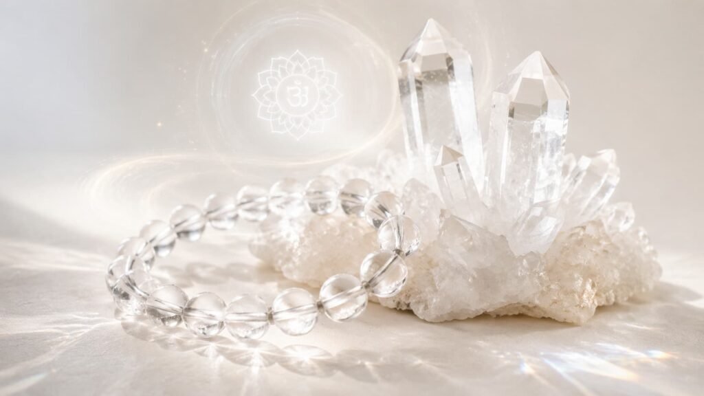 Clear quartz raw cluster and bracelet for crown chakra purification, focus improvement and home aura cleansing