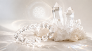 Clear quartz raw cluster and bracelet for crown chakra purification, focus improvement and home aura cleansing