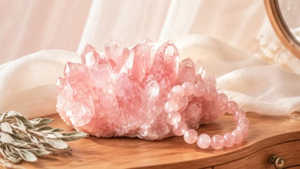 Rose Quartz raw cluster and bracelet for heart chakra emotional healing and home placement