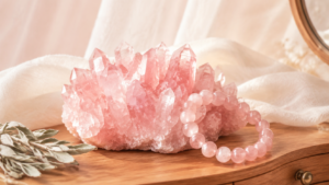 Rose Quartz raw cluster and bracelet for heart chakra emotional healing and home placement