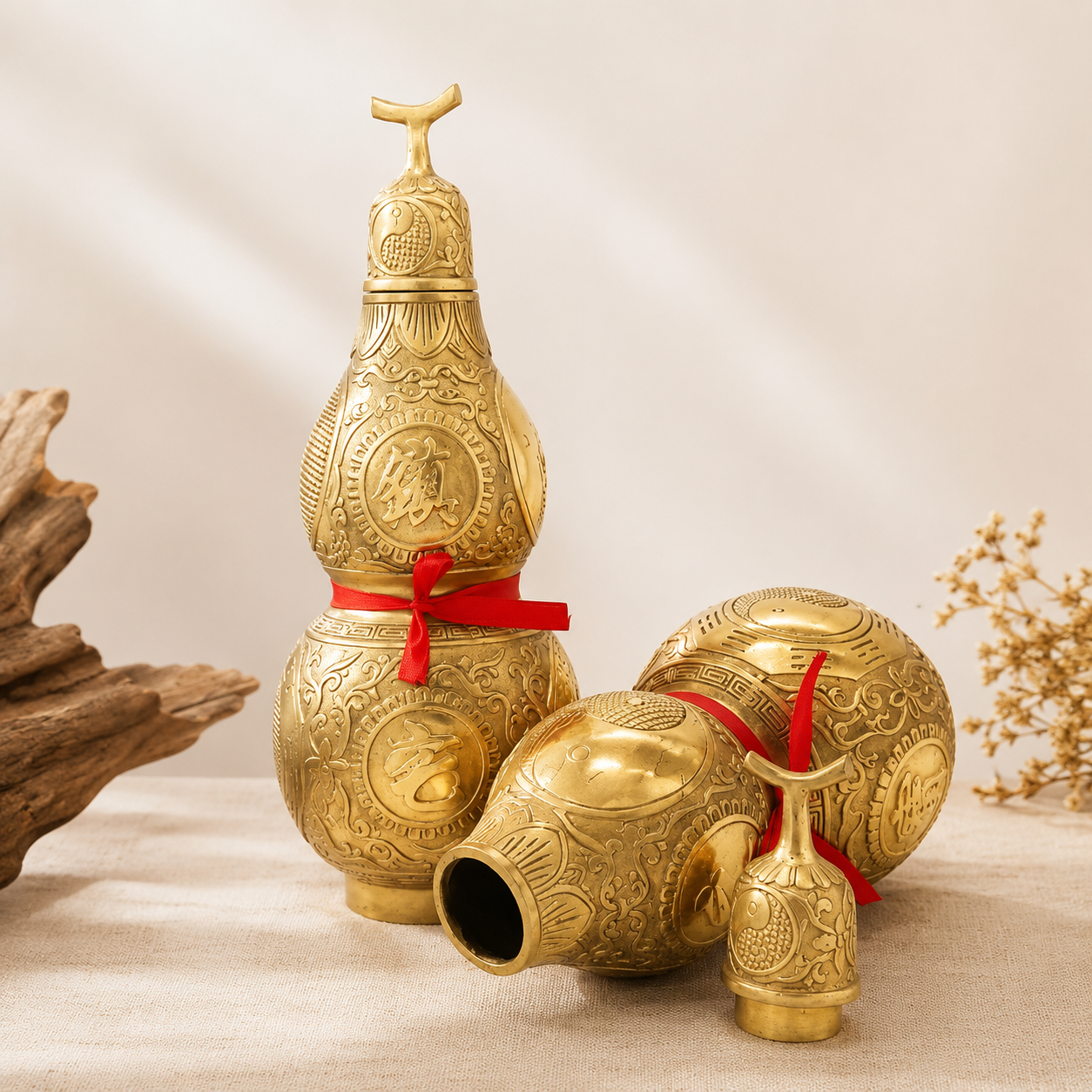 Handcrafted Brass Wu Lou Feng Shui Gourd for Bathroom Harmony Handcrafted consecrated brass Wu Lou Feng Shui gourd displayed for bathroom protection and energy balance.