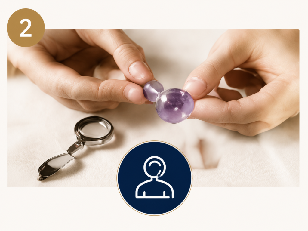 Close-up hands holding a polished purple amethyst crystal with soft neutral background