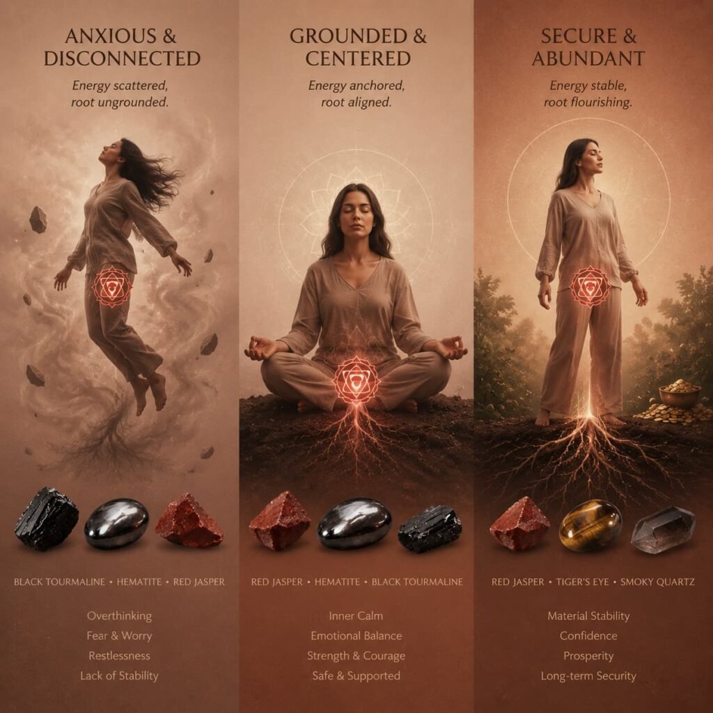 Benefits of balanced root chakra suitable crowds grounding crystal healing effects | daomind.ai