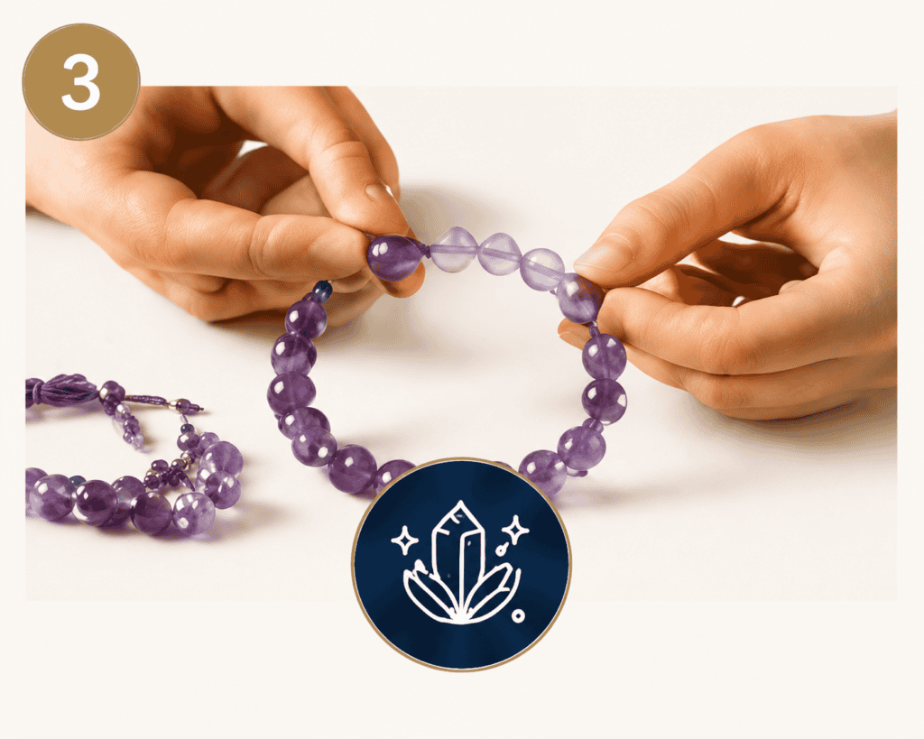 Hands assembling a purple amethyst beaded bracelet on neutral tabletop surface