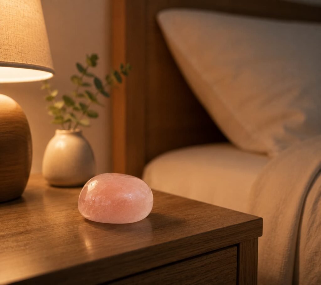 Tumbled rose quartz crystal stone for bedside placement to reduce anxiety and improve sleep