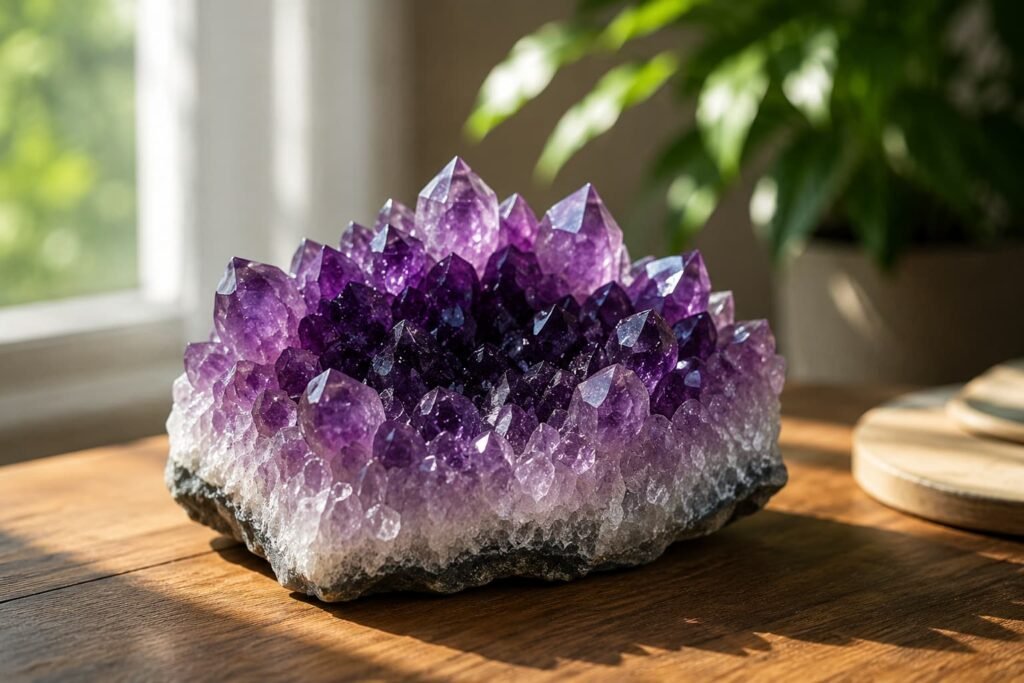 Natural amethyst crystal displayed in a calm modern home interior
