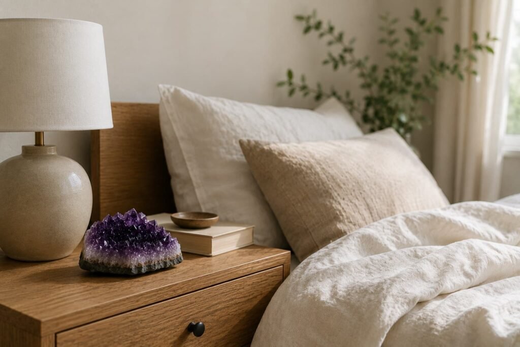 Small natural amethyst cluster placed on a bedside table in a calm modern bedroom