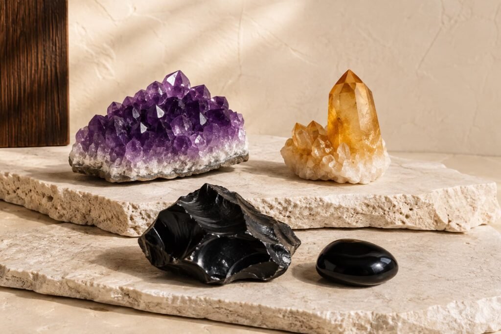 Beginner friendly crystals including amethyst citrine and black obsidian