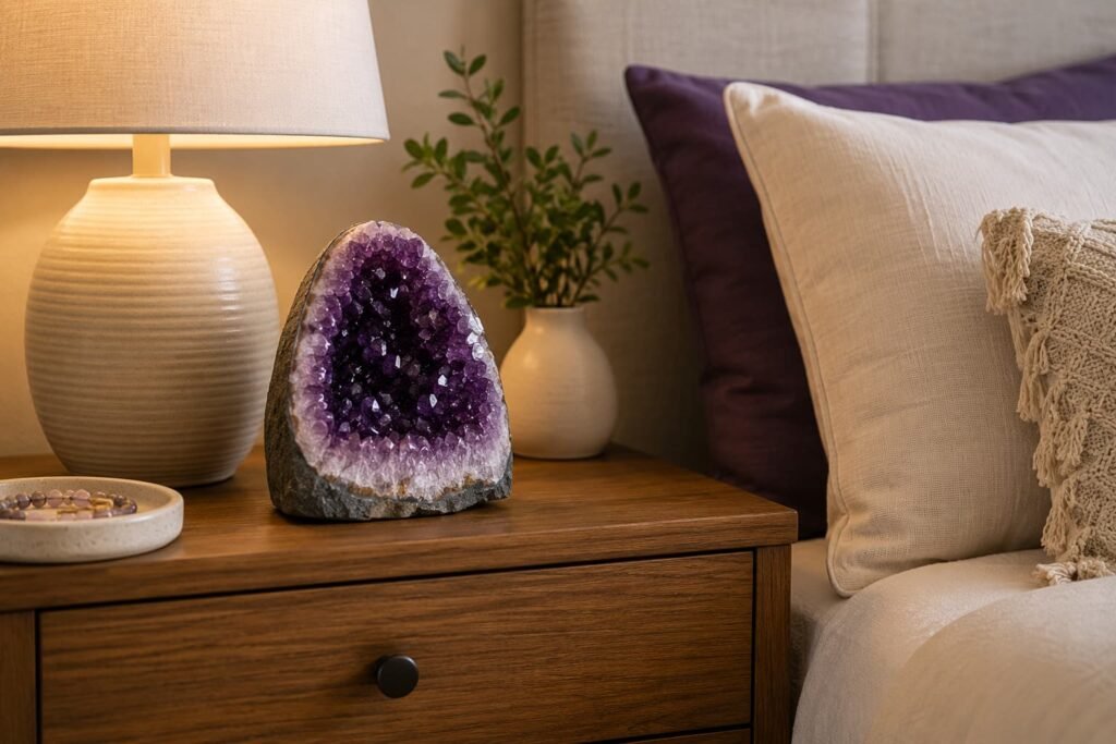 Crystal Formation Natural purple amethyst cluster showing crystal points and color variations