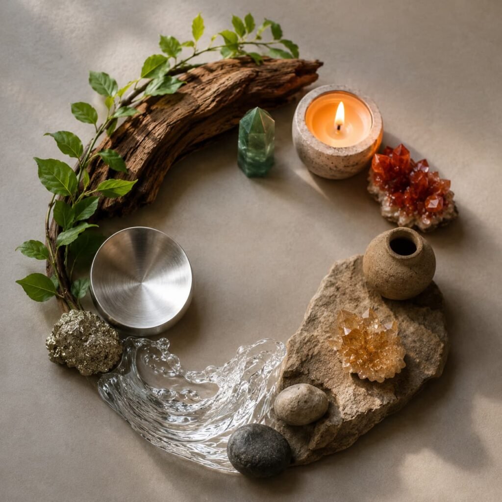 Natural representation of the five Feng Shui elements Wood Fire Earth Metal and Water