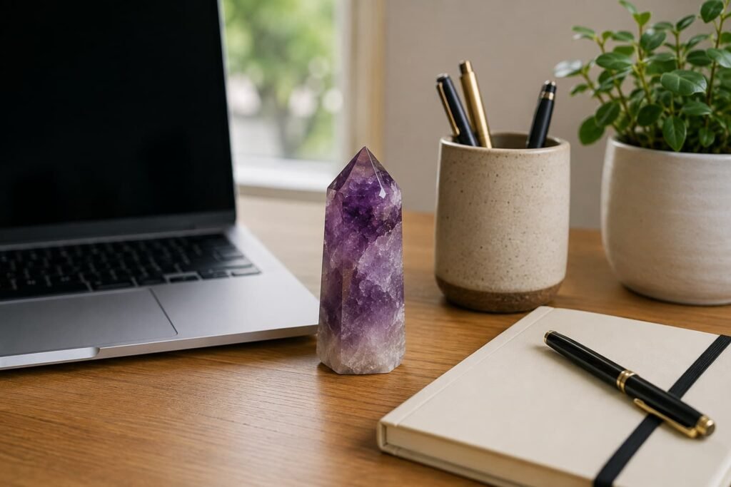 Amethyst crystal beside a journal in a peaceful mindful living space