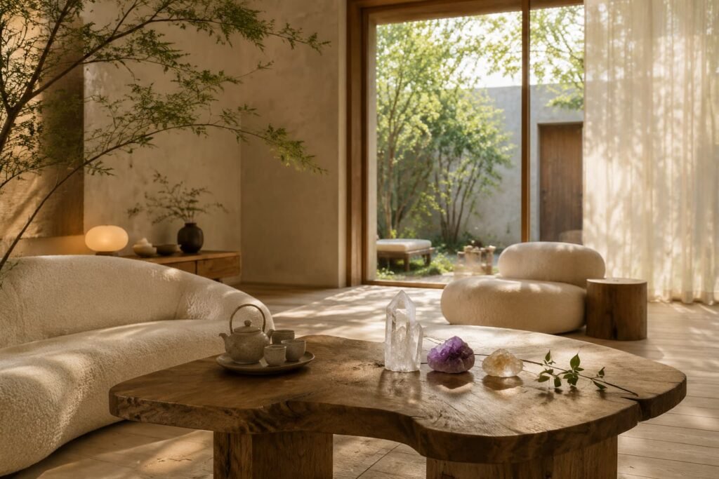 Feng Shui inspired home interior with natural crystals and peaceful living space